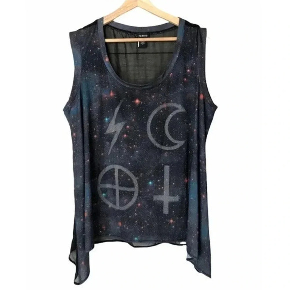 Torrid Blue Galaxy Sharkbite Hem Sheer Back Tank Top 1 - Picture 2 of 7